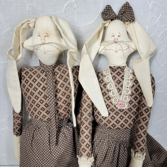 VTG Mr &‎ Mrs Rabbit Dolls 29" Handmade Brown Primitive Folk Plush Easter Decor - Picture 4 of 16
